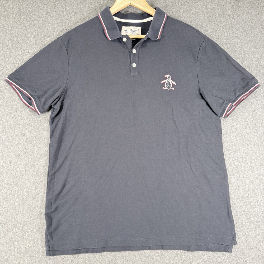 Original Penguin Mens L Navy Polo Shirt Big Logo Red White Tipped Collar READ